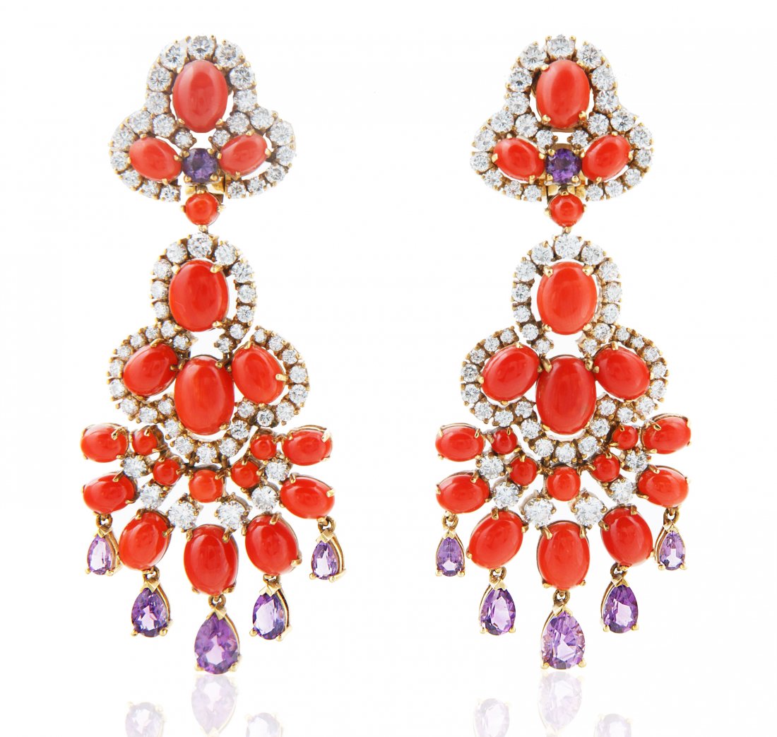 A PAIR VAN CLEEF AND ARPEL DIAMOND, CORAL AND AMETHYST (1 of 5)