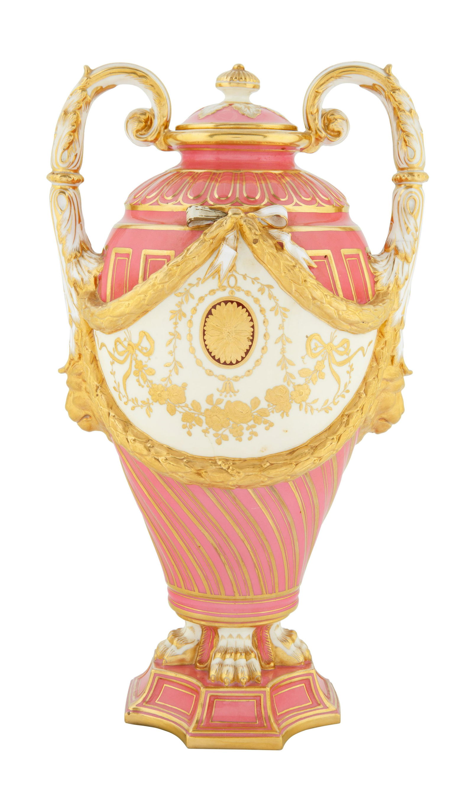 MINTONS VASE FOR PHILADELPHIA AND CALDWELL CO., CIRCA: MINTONS VASE FOR PHILADELPHIA AND CALDWELL CO., CIRCA 1847 of amphora form, with two handles formed from acanthus leaves,extending from the head of a lion, the recto and verso featuring a wreath with