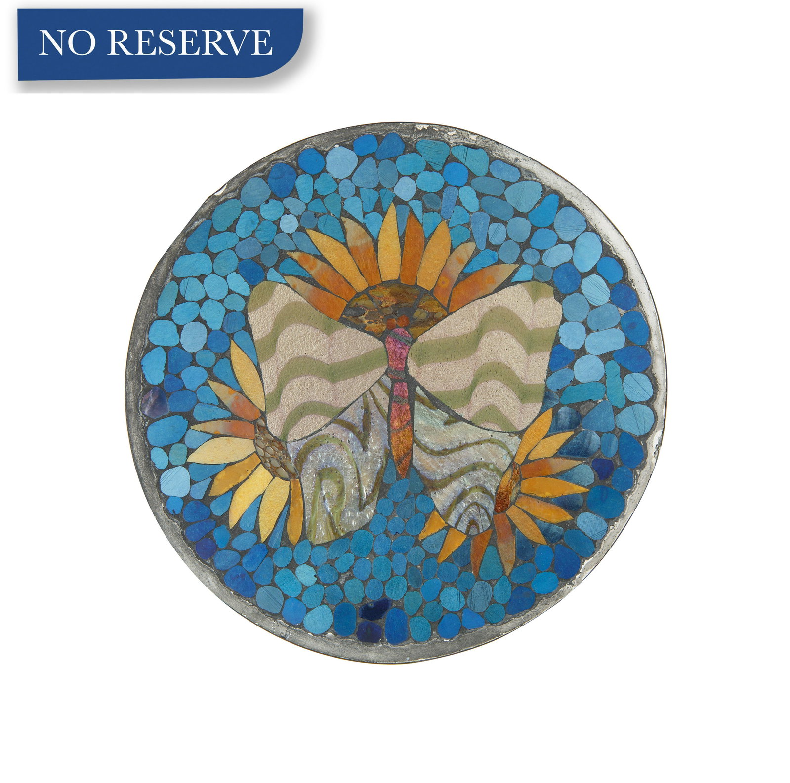20TH CENTURY 'SUNFLOWER AND BUTTERFLY' TRIVET: 20TH CENTURY 'SUNFLOWER AND BUTTERFLY' TRIVET circular form, with a mosaic-style design of a butterfly against sunflowers and a blue pave ground; diameter: 18 cm (7 1/8 in.) CONDITION The trivet appea