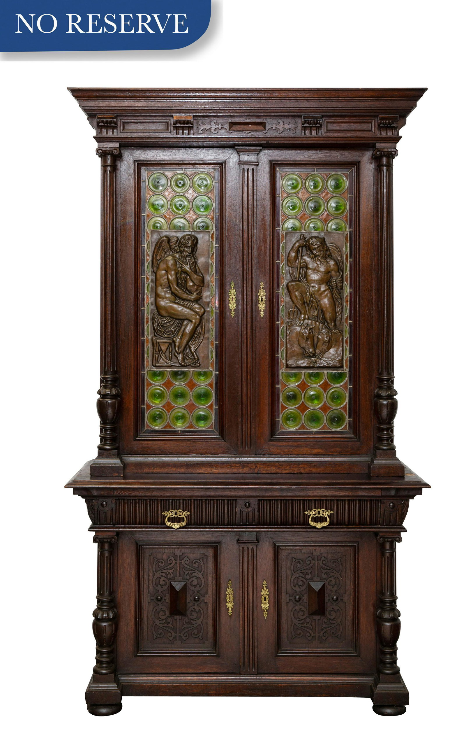 FRENCH RENAISSANCE-REVIVAL STAINED-OAK COLORED: FRENCH RENAISSANCE-REVIVAL STAINED-OAK COLORED LEAD-GLASS AND BRONZE-INSET STEPBACK BOOKCASE CABINET, LATE 18TH CENTURY late 18th century french renaissance-revival stained oak colored lead-glass and 