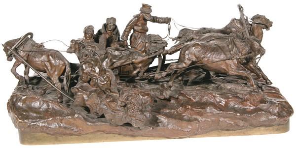 GRACHEV, VASILY: VASILY GRACHEV (RUSSIAN 1831-1905), "A Bronze Group of a Troika Passing a Peasant with a Sleigh", bronze with dark brown patina, length: 53 cm (20 7/8 in.), height: 23 cm (9 1/8 in.), width: 31.5 cm (