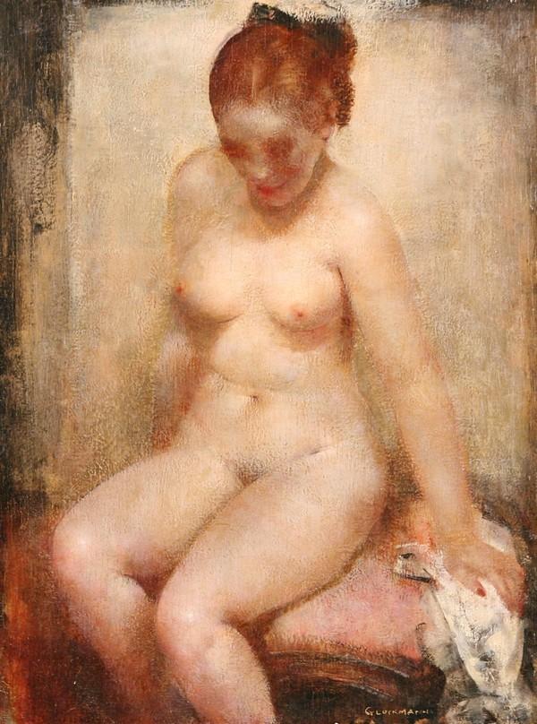 GLUCKMANN, GRIGORY: GRIGORY GLUCKMANN (RUSSIAN 1898-1973), "Seated Nude with a Black Ribbon in her Hair", oil on panel, 42 x 32 cm (16 1/2 x 12 5/8 in.), signed lower right. PROVENANCE: Dalzell Hatfield Galleries, Los An