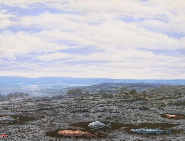 ZAKHAROV, ALEXANDER: ALEXANDER ZAKHAROV (RUSSIAN B1960), "Fish in Sedimentary Bubbles", 1999 , 16.2 x 21.9 cm(6 3/8 x 8 5/8 in.), oil and acrylic on panel, monogrammed and dated 1999 lower left