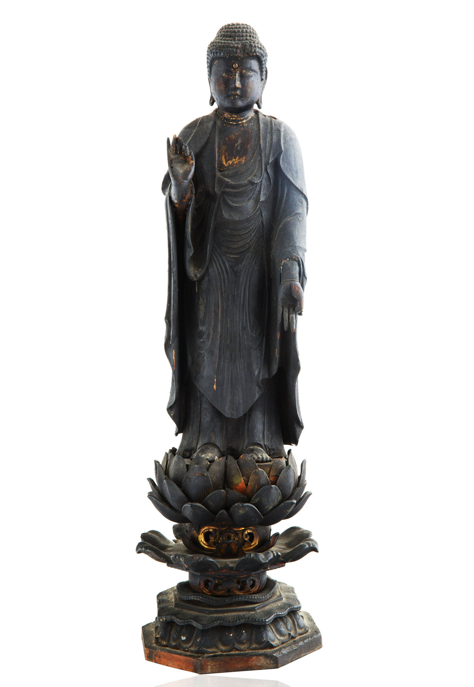 CHINESE MING-STYLE WOODEN BUDDHA FIGURE: CHINESE MING-STYLE WOODEN BUDDHA FIGURE shown standing, the right hand in abhayamudra (representing fearlessness), the left in varadamudra (representing charity and compassion), depicted with extended