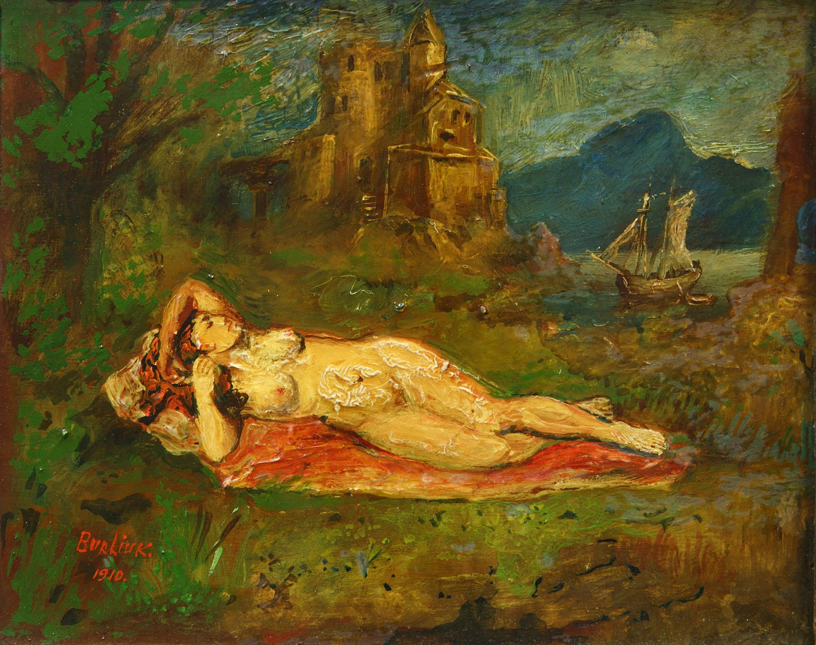 DAVID BURLIUK (RUSSIAN 1882-1967): DAVID BURLIUK (RUSSIAN 1882-1967) Reclining Nude , oil on panel 20 x 25 cm (7 7/8 x 9 7/8 in.) signed and dated 1910 lower left PROVENANCE Collection of Ella Jaffe Freidus, longtime collector and frie