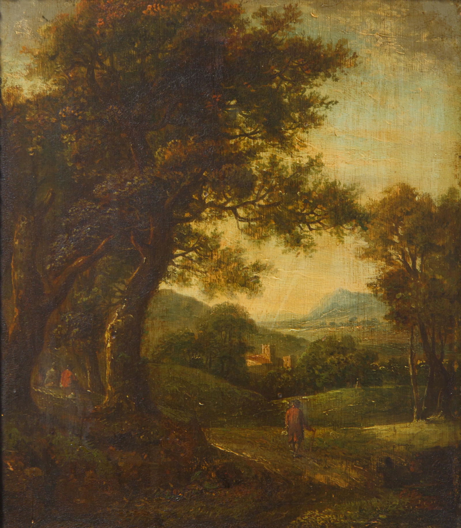 FOLLOWER OF SALOMON VAN RUYSDAEL (DUTCH 1602-1670): FOLLOWER OF SALOMON VAN RUYSDAEL (DUTCH 1602-1670) Countryside Stroll , oil on panel 29 x 25 cm (11 3/8 x 9 7/8 in.) CONDITION Observed in frame, the painting appears in age-appropriate condition. The