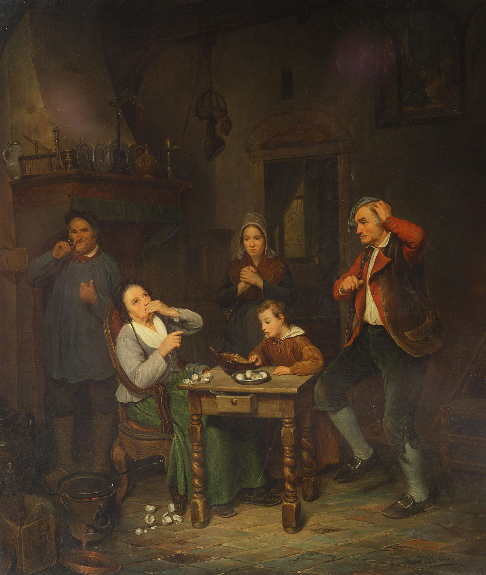JEAN HENRI DE COENE (BELGIAN 1798-1866): JEAN HENRI DE COENE (BELGIAN 1798-1866) Broken Eggs , oil on canvas 79 x 67.3 cm (31 1/8 x 26 1/2 in.) signed lower right CONDITION Observed in frame, the painting appears in age-appropriate condition