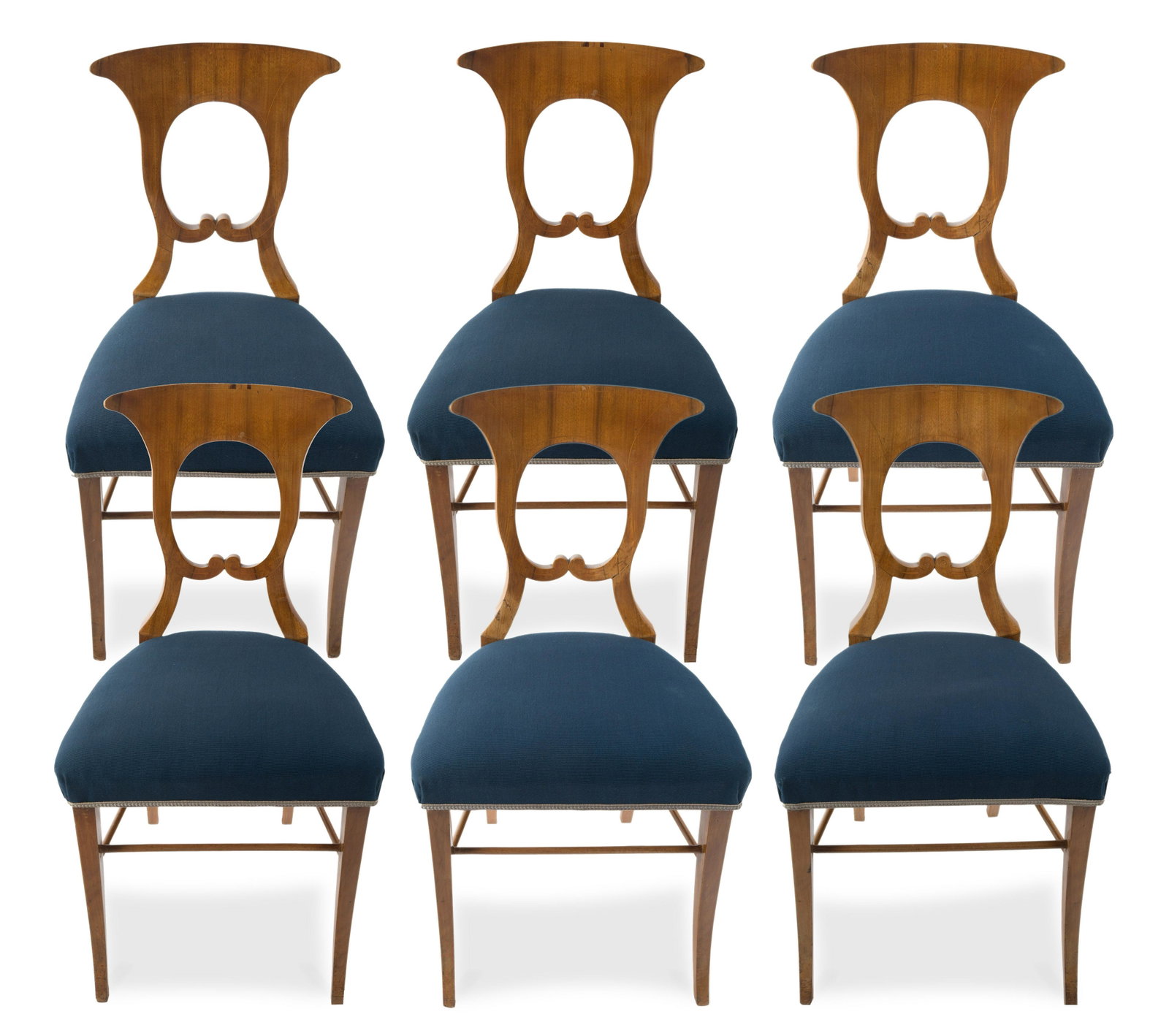 SET OF SIX BIEDERMEIER CHAIRS: SET OF SIX BIEDERMEIER CHAIRS , CONDITION Visible light wear and use to the set of chairs, however, the set as a whole appears in age-appropriate condition. Light surface scuffs and scratches visible 