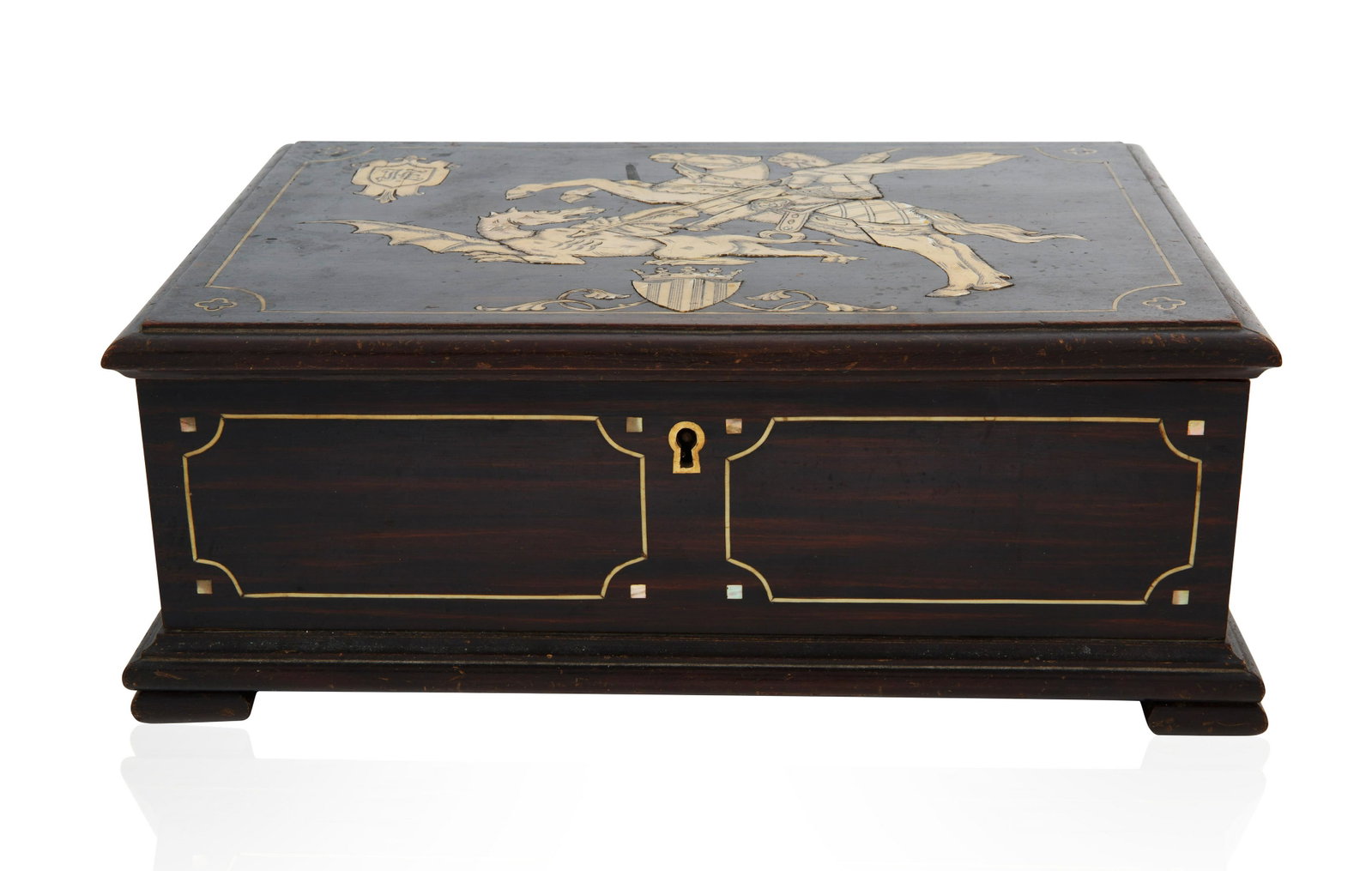 A SPANISH TRAVELING WOOD BOX DEPICTING ST. GEORGE: A SPANISH TRAVELING WOOD BOX DEPICTING ST. GEORGE square form, the lid features an inlay of St. George, the border, side, front and back panel, centered a single keyhole all with a similar design and 