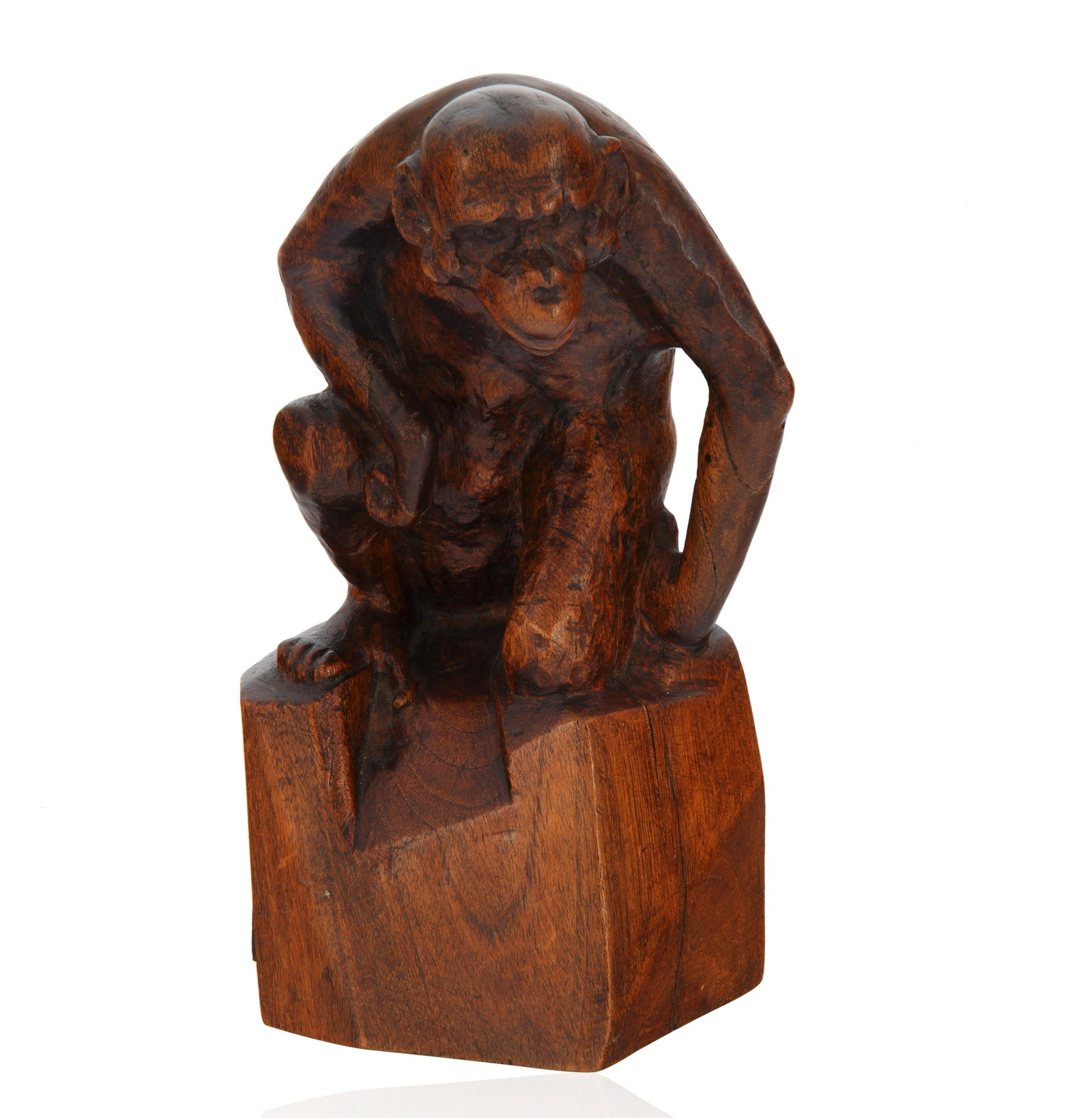 A BOOKEND BY NOIZEUX (FRENCH 19TH CENTURY): A BOOKEND BY NOIZEUX (FRENCH 19TH CENTURY) Kneeling Chimpanzee, hardwood overall height: 20.5 (8 1/8 in.) signed on base PROVENANCE Etude Tajan, Paris, February 18, 2000, lot 37 Acquired at the above