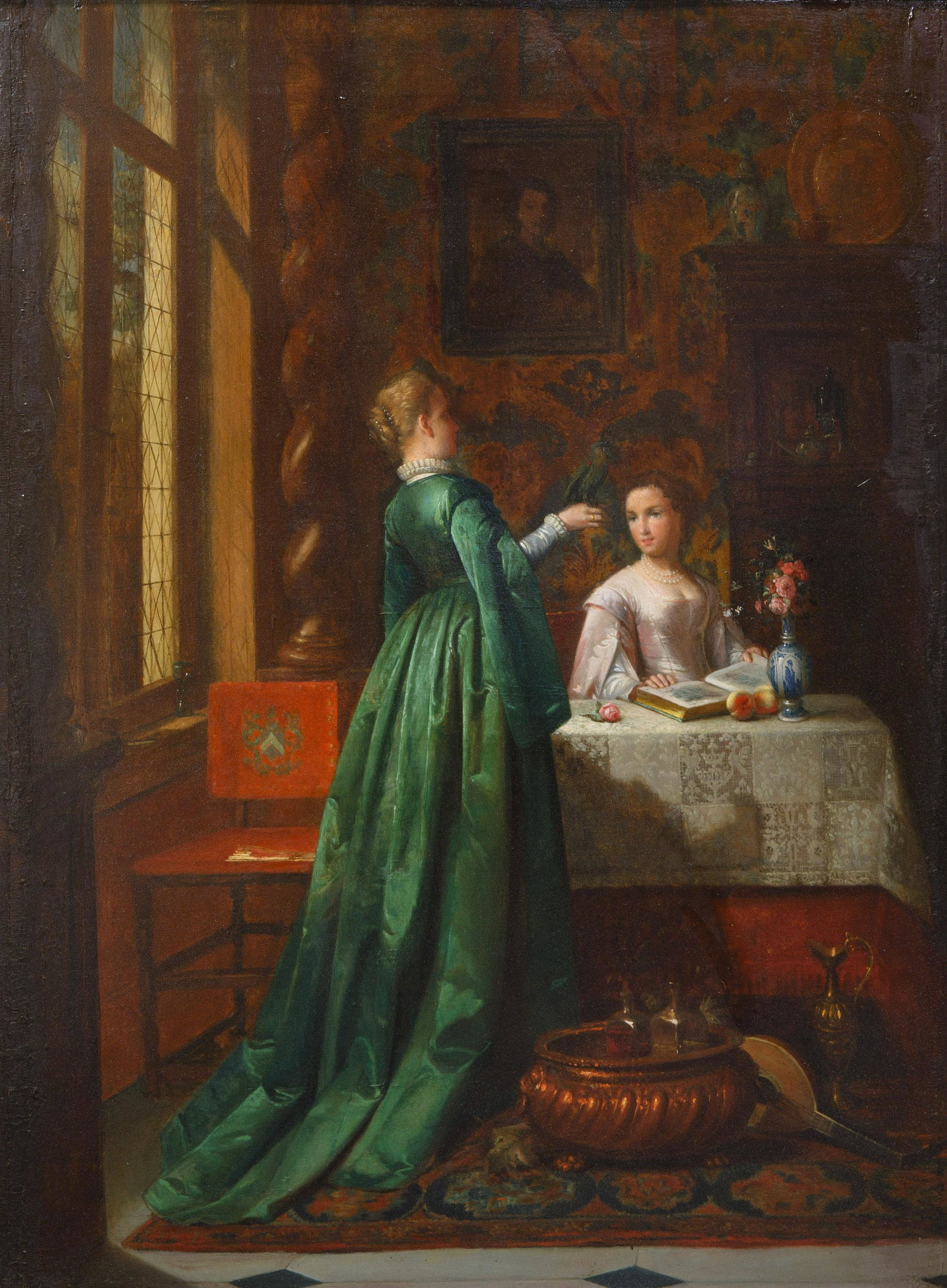 FRANCOIS JACOBS (BELGIAN 1832-1906): FRANCOIS JACOBS (BELGIAN 1832-1906) La Lecture interrompue, oil on panel 81 x 60 cm (31 7/8 x 23 5/8 in.) signed, dedicated and titled on verso PROVENANCE Commissioned by the Order of A. Diheyvetter o
