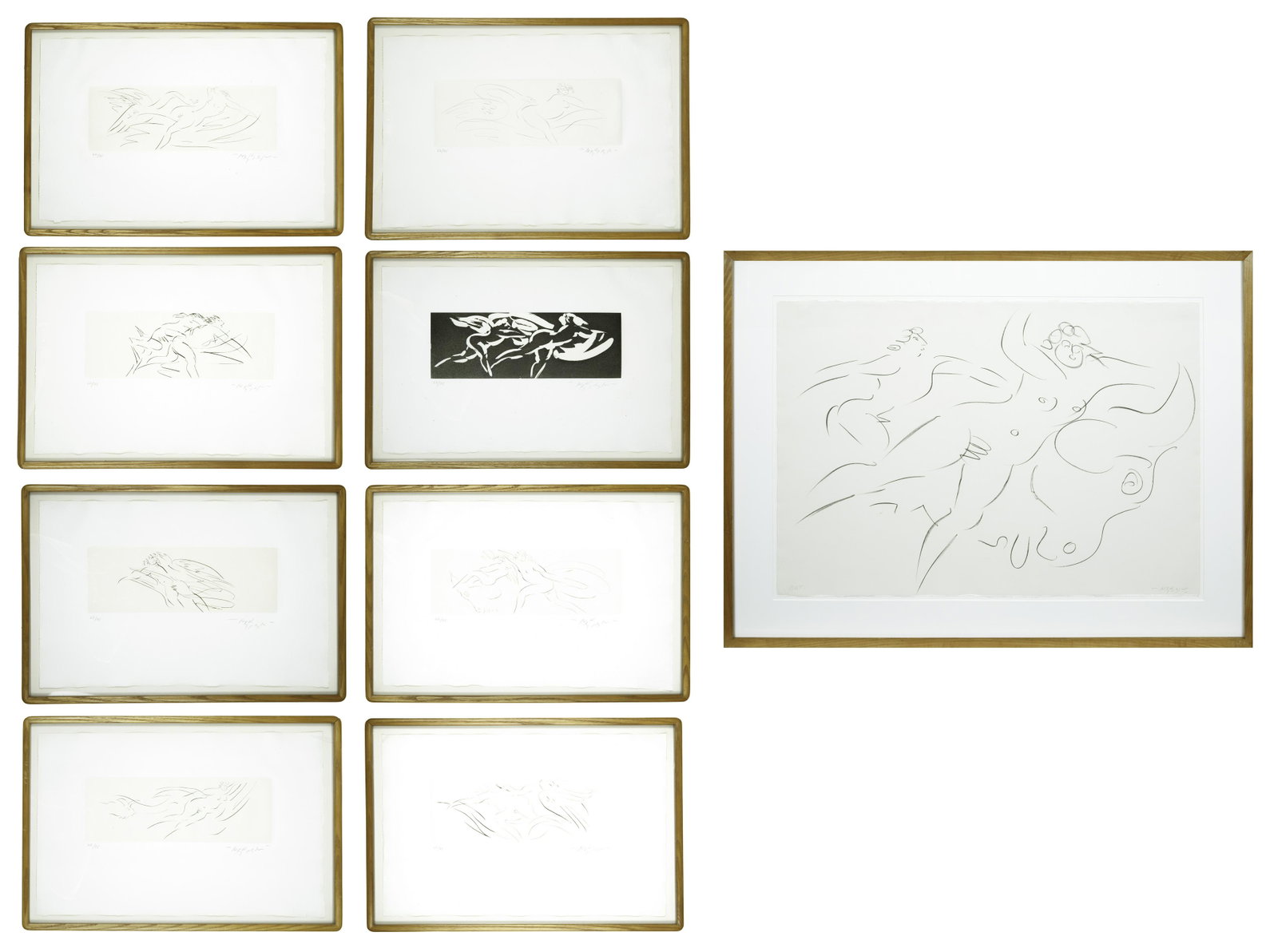 A GROUP OF NINE ETCHINGS BY REUBEN NAKIAN (AMERICAN: A GROUP OF NINE ETCHINGS BY REUBEN NAKIAN (AMERICAN 1897-1986) comprising: a) Nude, lithograph, 57 x 76 cm (22 1/2 x 29 7/8 in.) [full sheet], inscribed BAT lower left, signed lower right b) Group of 