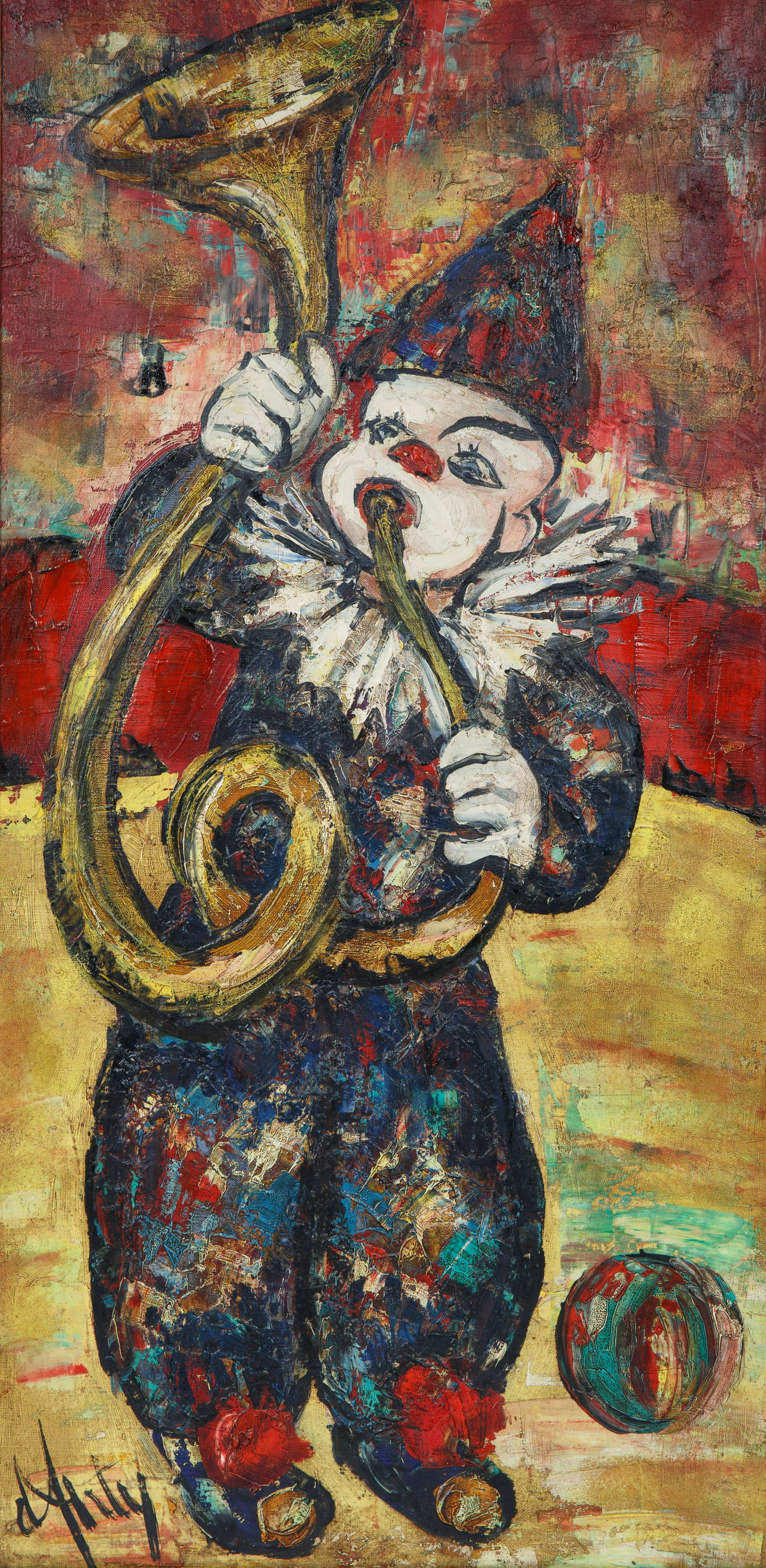 HENRY D'ANTY (FRENCH 1910-1998): HENRY D'ANTY (FRENCH 1910-1998) Clown Playing a Horn,1974 oil on canvas 101 x 50 cm (39 3/4 x 19 3/4 in.) signed lower left; signed and inscribed on verso CONDITION Observed in frame, the painting app
