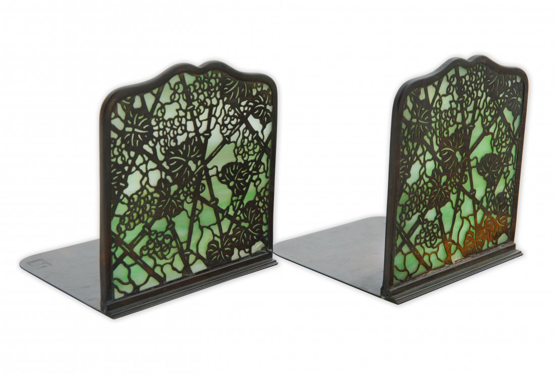 PAIR OF TIFFANY STUDIOS 'GRAPEVINE' BOOKENDS (1 of 3)