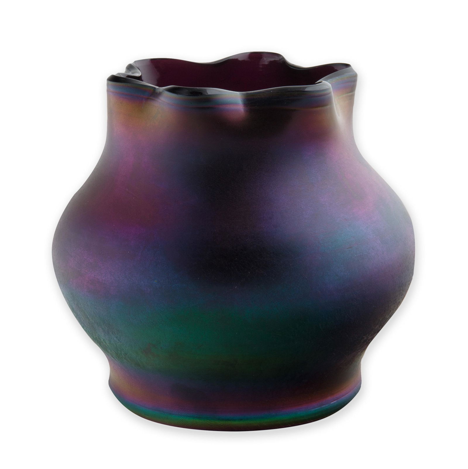 TIFFANY STUDIOS FAVRILE GLASS BOWL: TIFFANY STUDIOS FAVRILE GLASS BOWL squat rounded form with a frilled rim, with a deep purple and iridescent ground; height: 11 cm (4 3/8 in.) CONDITION The vase appears in age-appropriate condition. O