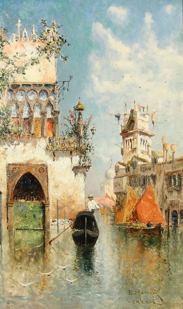 EGISTO MASSONI (ITALIAN 1854-1929), "Gondolier by t: EGISTO MASSONI (ITALIAN 1854-1929), "Gondolier by the Doge's Palace, Venice," oil on panel, 33 x 20 cm (13 x 7 7/8 in.), signed lower right 'E. Massoni Venezia'