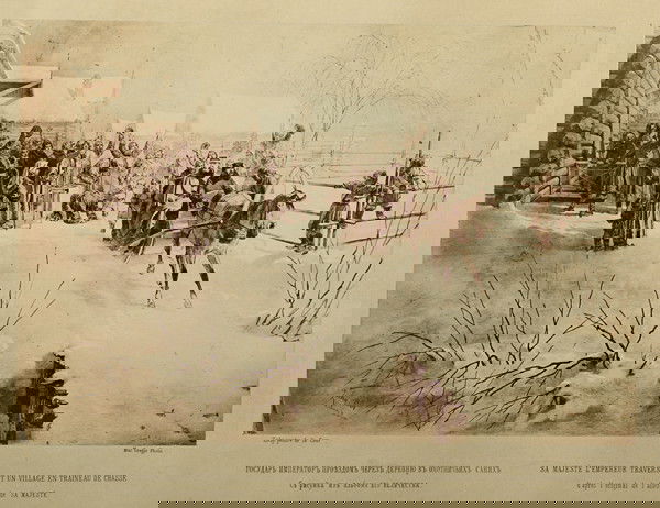 WILLIAM CARRICK AFTER MIHALY VON ZICHY (RUSSIAN 182: WILLIAM CARRICK AFTER MIHALY VON ZICHY (RUSSIAN 1829-1906), "Sa Majesté L'Empereur Traversant un Village en Traineau de Chasse," photogravure by John Macgregor published by William Carrick in St. Pet