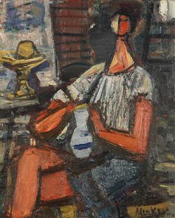 SIGMUND MENKES (POLISH-AMERICAN 1896-1986), "Seated: SIGMUND MENKES (POLISH-AMERICAN 1896-1986), "Seated Girl with Pitcher," oil on canvas, 45.7 x 38.1 cm (18 x 15 in.), signed lower right. PROVENANCE: Private Collection, New York