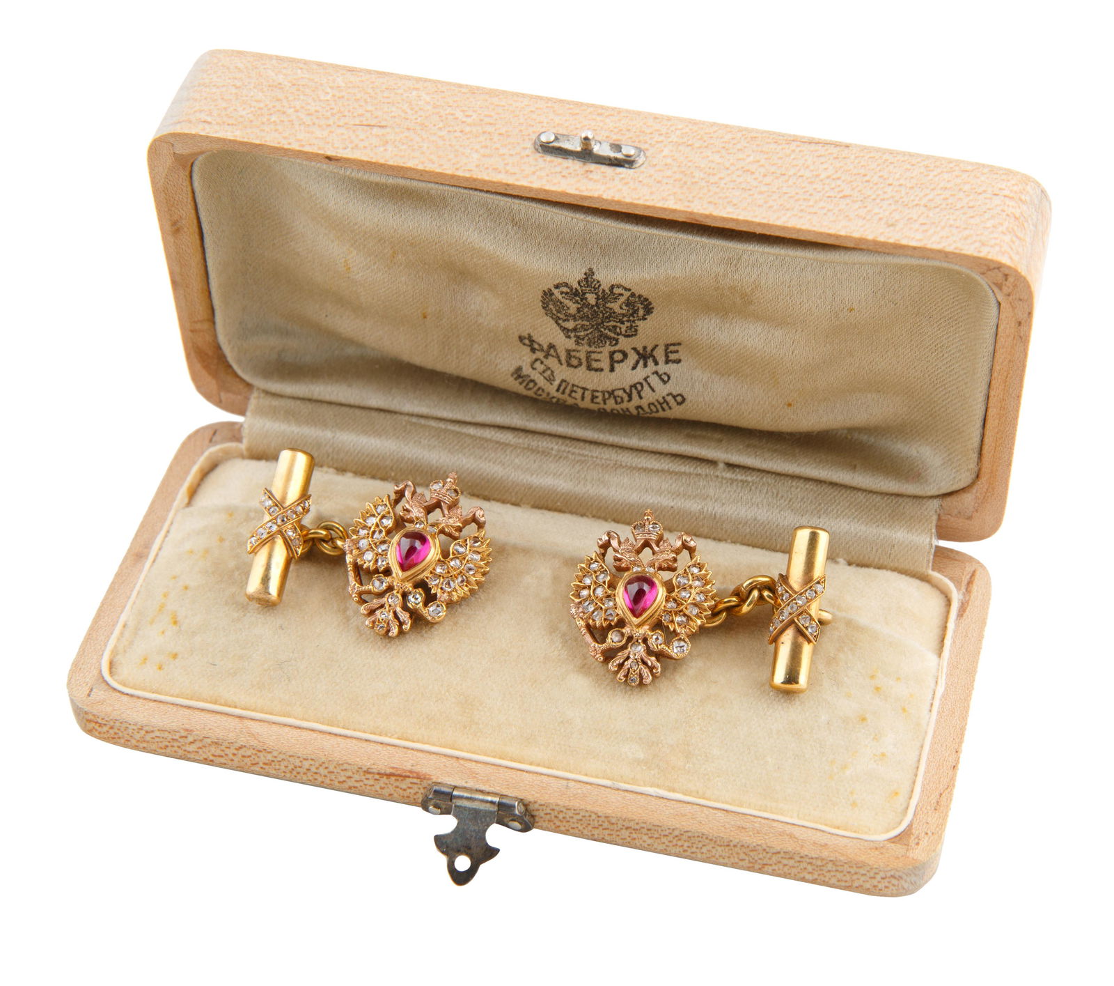 PAIR OF 1908-1913 FABERGE TWO-TONE GOLD, DIAMOND AND RUBY CUFFLINKS, WORKMASTER AUGUST HOLLMING (1 of 3)