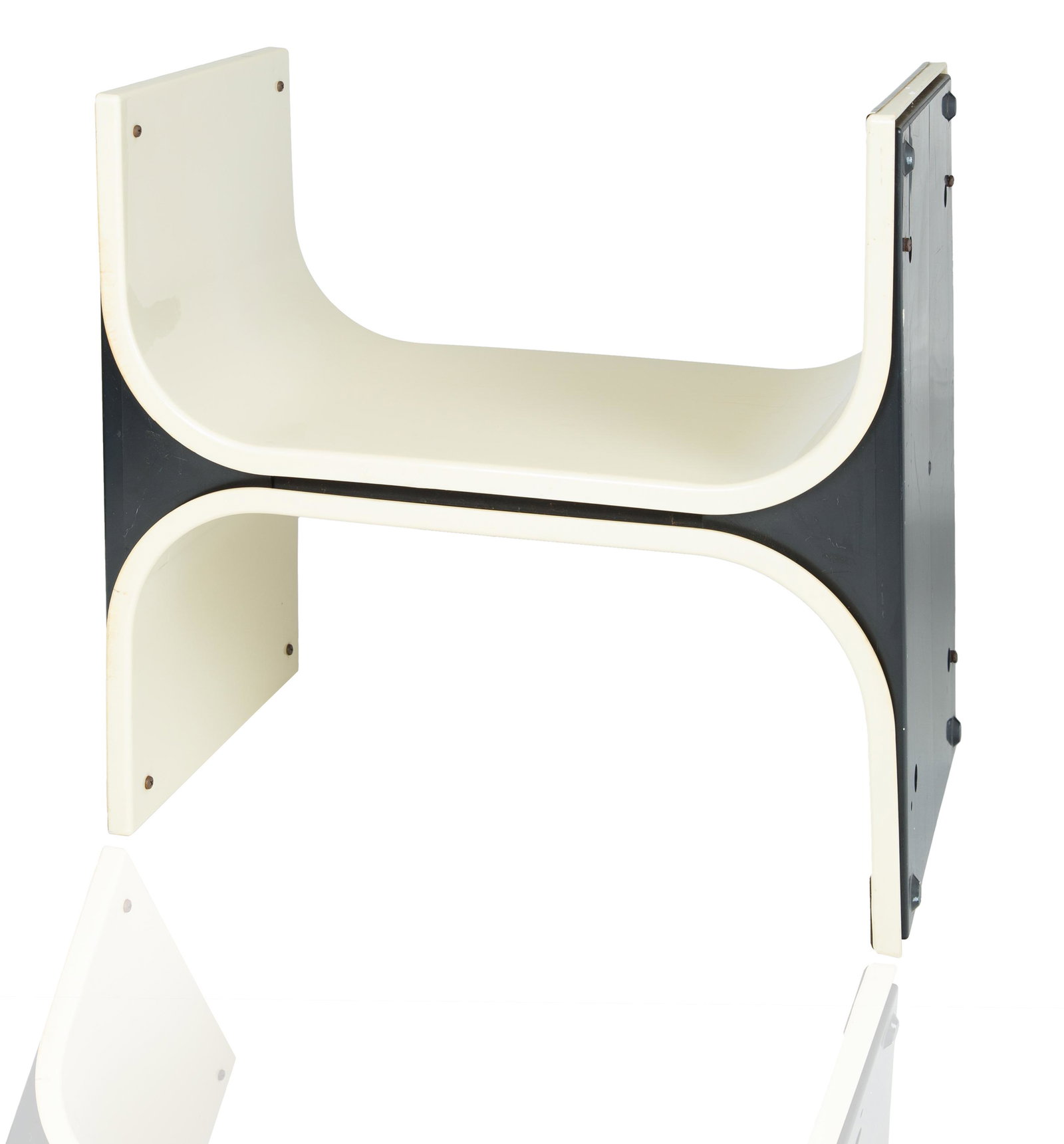 PLASTIC MODERN 'SAVONAROLA' STYLE CHAIR: with classical shape, molded from cream and black plastic with steel clasps, apparently unmarked; overall height: 48.5 cm (19 1/8 in.), dimensions of seat: 26.5 (h) x 51 (w) x 29 (d) cm (10 3/8 x 20 1