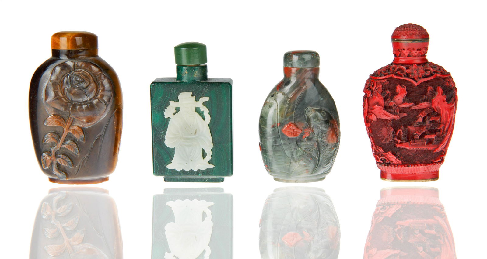 GROUP OF FOUR CHINESE STONE AND LACQUER SNUFF BOTTLES (1 of 5)