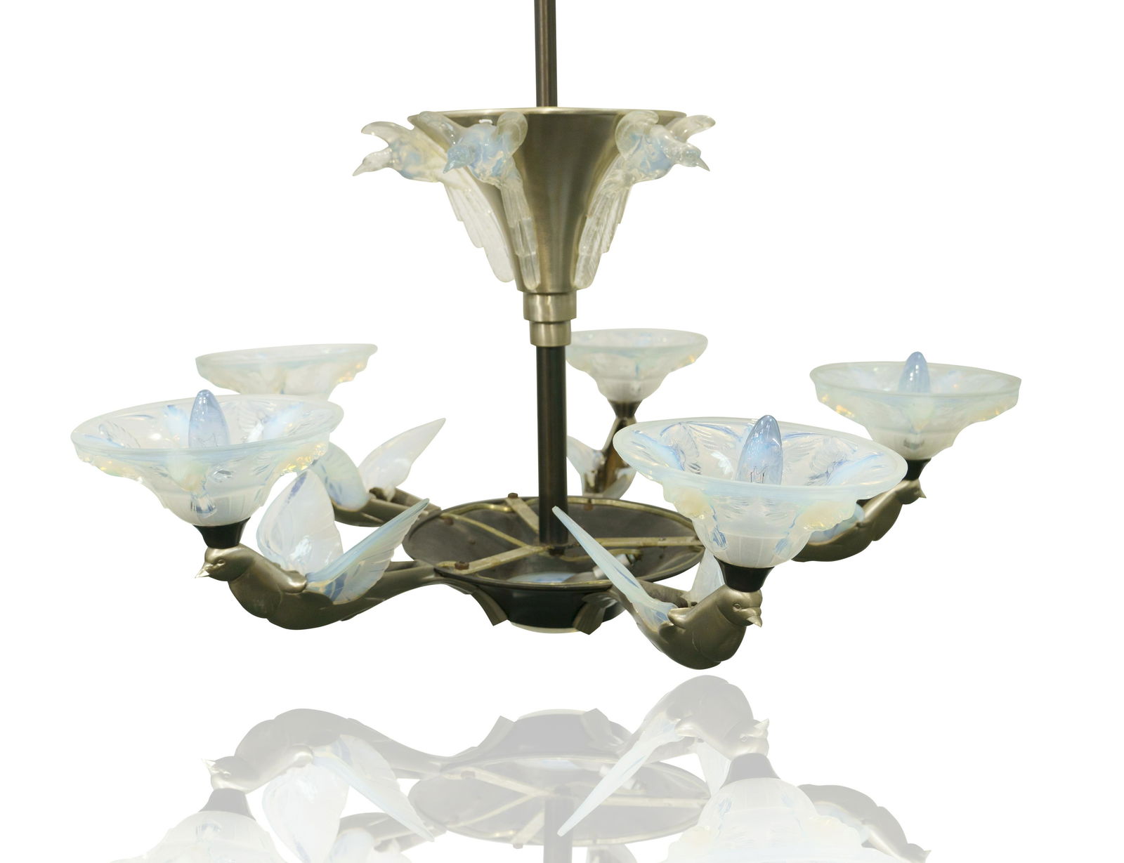 AN ART DECO OPALESCENT GLASS 'BIRD' CHANDELIER (1 of 1)