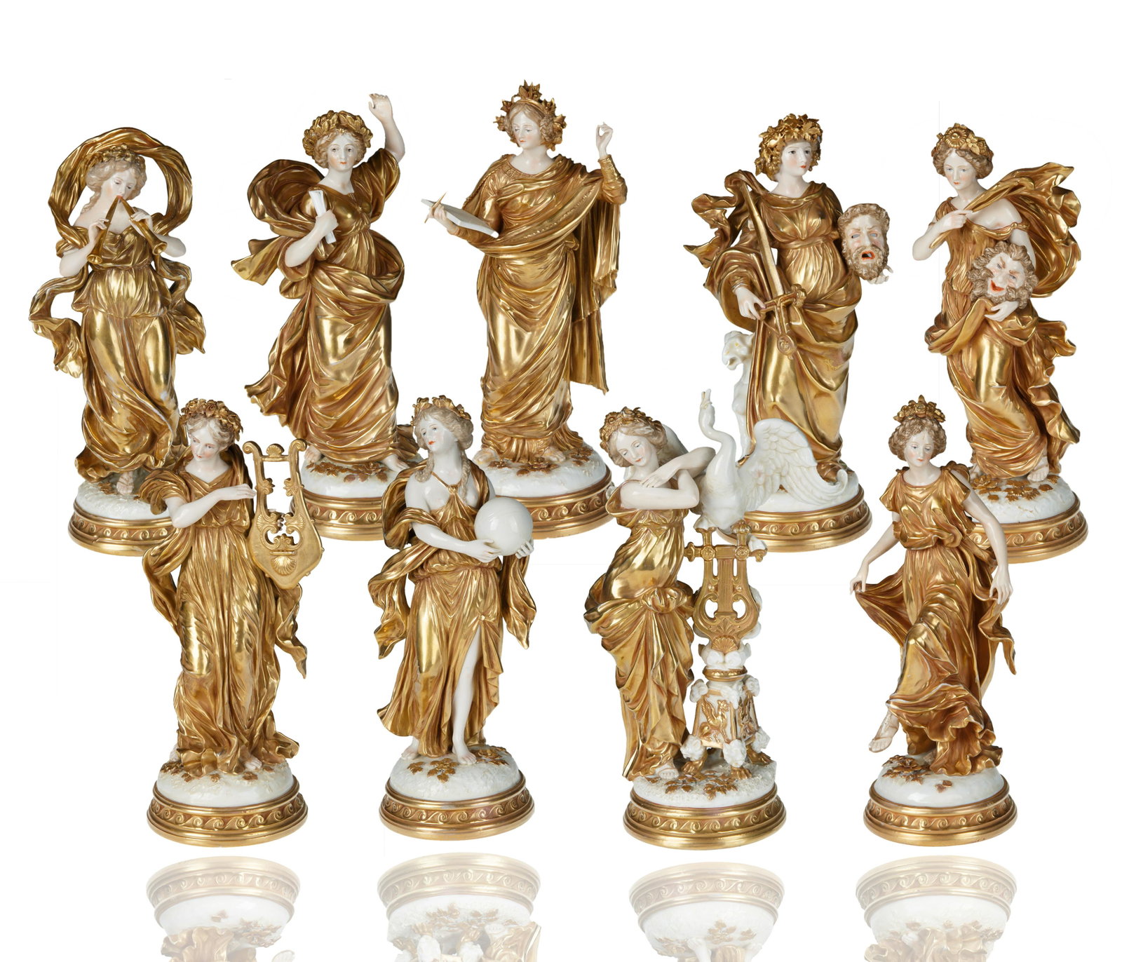 LUDWISBURG PORCELAIN GROUP OF THE 'NINE MUSES': the group standing upright, on individual mound moulded bases with gilt applied foliage and rosettes, each Muse dressed in a gilt billowing robe, with applied rosette head wreaths, each holding their 