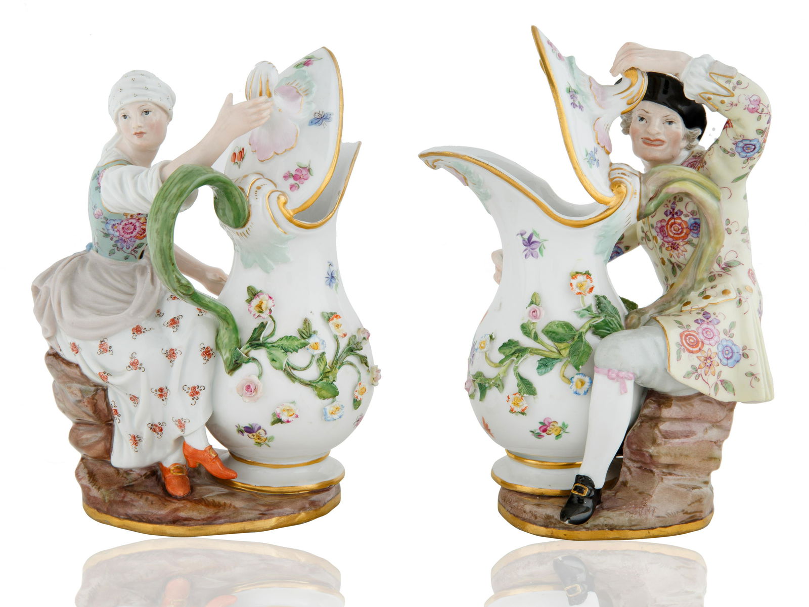 PAIR OF MEISSEN FIGURATIVE PORCELAIN PITCHERS (1 of 5)