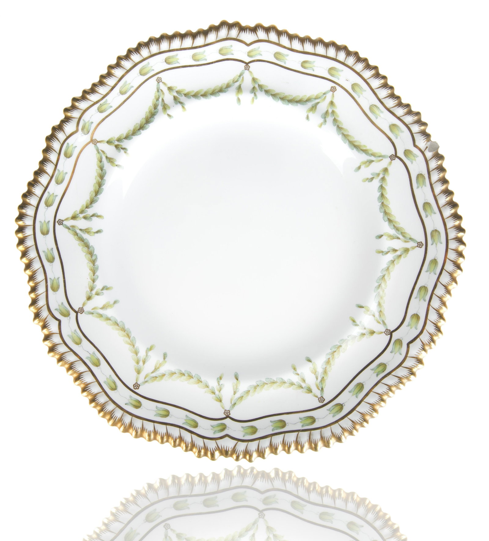EARLY 19TH CENTURY COPELAND PORCELAIN PLATE: circular with a gilt rim, the cavetto with a garland swag of bay leaves against a stark white ground, marked with factory mark in light green underglaze with Wigomes Daniell London in red underglaze, 