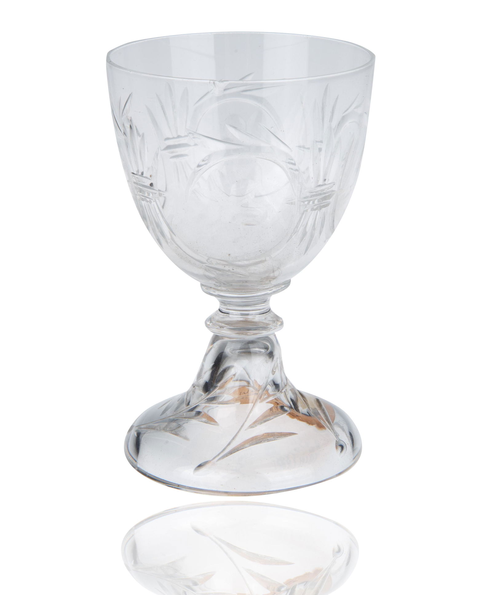 LATE 19TH CENTURY RUSSIAN WINE GLASS [WINTER PALACE, HAMMER GALLERIES]: of baluster form, featuring a band of flowers within acanthus leaves, the foot with five sprigs; height: 9.5 cm (3 3/4 in.) PROVENANCERussian Imperial Collection, Winter Palace, St. Petersburg Hammer