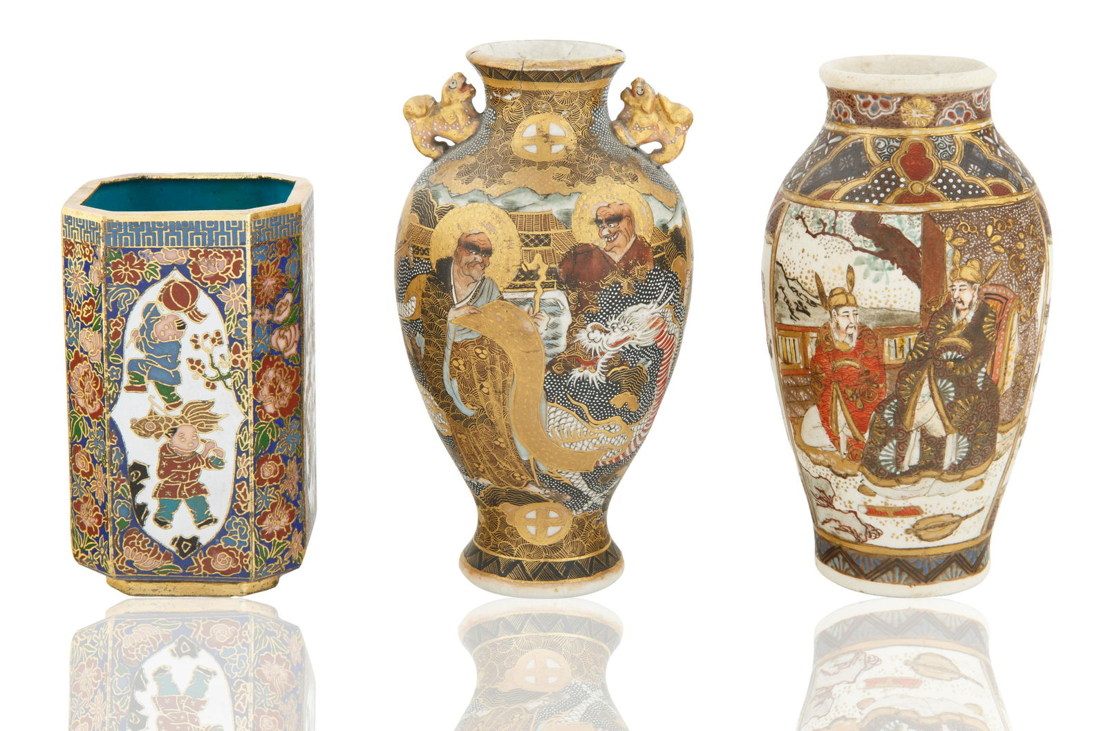 GROUP OF THREE SATSUMA CERAMIC VASES (1 of 5)