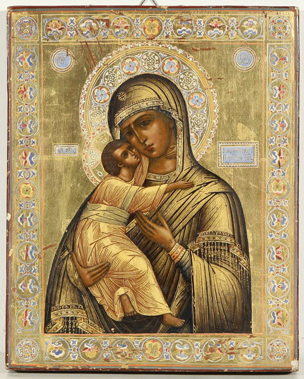 RUSSIAN ICON, THE VLADIMIR MOTHER OF GOD, Beginning: RUSSIAN ICON, THE VLADIMIR MOTHER OF GOD, Beginning of the 20th Century, Palekh. Egg tempera, oil, gold leaf, and gesso on wood panel. Borders and halo with floral decoration. 22 x 18 cm (8 5/8 x 7 1/
