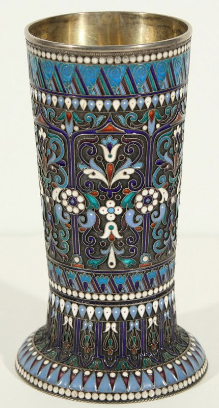 A RUSSIAN SILVER AND CLOISONNÉ ENAMEL TANKARD, GRAC: A RUSSIAN SILVER AND CLOISONNÉ ENAMEL TANKARD, GRACHEV BROTHERS, ST. PETERSBURG, c.1896-1908, height: 15.5 cm (6 1/8 in.), decorated with stylized floral and geometric motifs, 84 standard, stamped wi