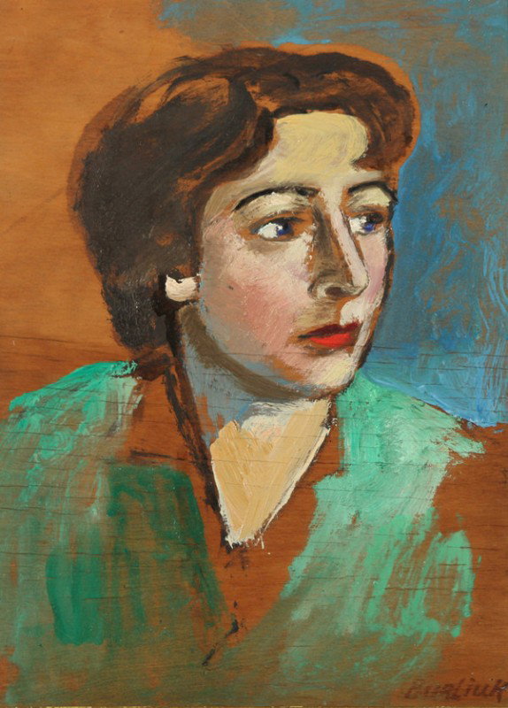 DAVID BURLIUK (RUSSIAN-AMERICAN 1882-1967), "Portr: DAVID BURLIUK (RUSSIAN-AMERICAN 1882-1967), "Portrait of Lucy Manievich, daughter of Abraham Manievich," oil on wood, 30.5 x 22.9 cm (12 x 9 in.), signed 'Burliuk' lower right PROVENANCE: Acquired fro