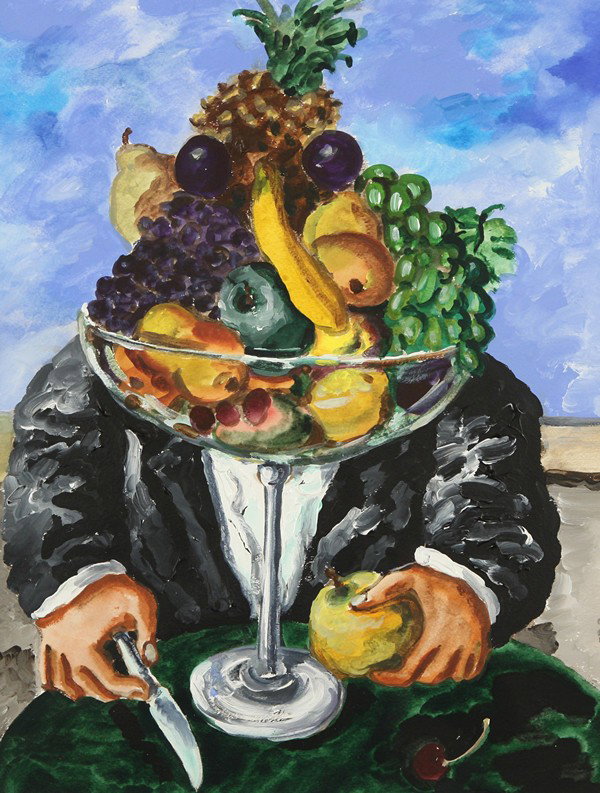 NATALIA NESTEROVA (RUSSIAN B1944), "Man with Fruit: NATALIA NESTEROVA (RUSSIAN B1944), "Man with Fruit," tempera on paper, 58 x 44.5 cm (22 7/8 x 17 1/2 in.) [sight], signed. PROVENANCE: Acquired directly from the Artist