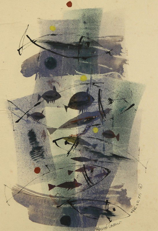 KONRAD CRAMER (GERMAN-AMERICAN 1888-1963), "A Scho: KONRAD CRAMER (GERMAN-AMERICAN 1888-1963), "A School of Fish," 1951, watercolor and gouache on paper, 36 x 25 cm (14 1/8 x 9 7/8 in.) [sight], signed and dated lower right 'Konrad Cramer Apr. 25, 1951