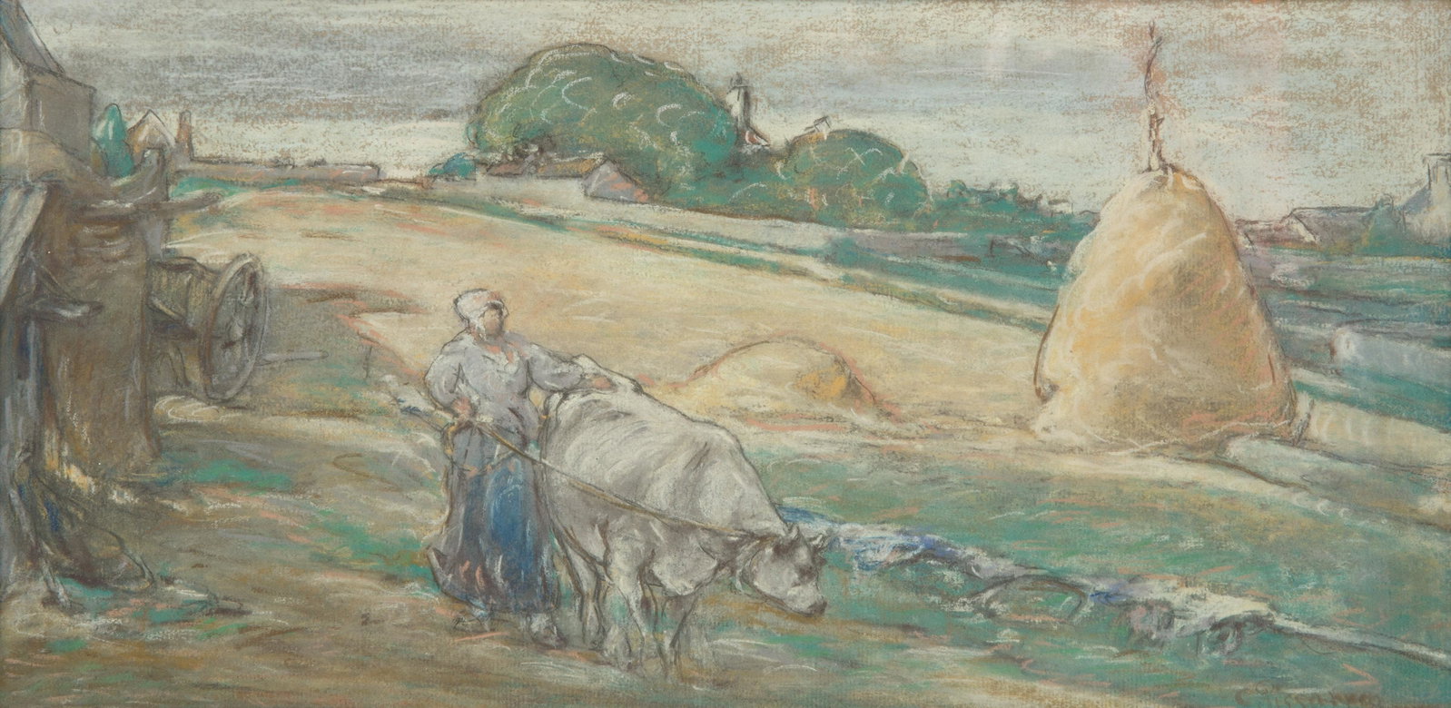 CIRCLE OF CAMILLE PISSARRO (FRENCH 1830-1903): La Vachere pastel and pencil on paper 24.5 x 28 cm (9 5/8 x 11 in.) framed dimensions: 38 x 61 cm (15 x 24 in.) CONDITION Observed in frame, the painting is in good condition. Not inspected under UV l