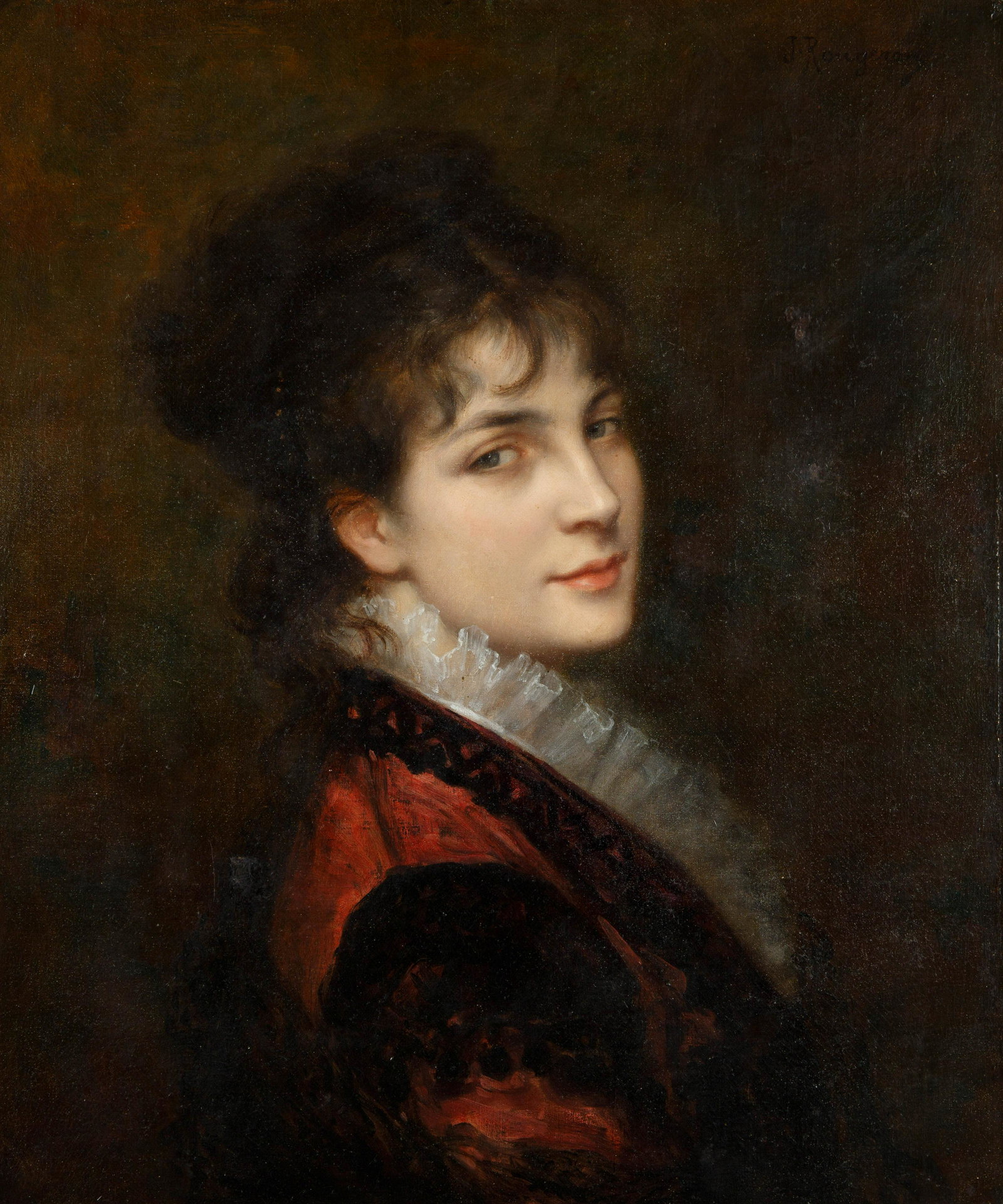 [JULES] JAMES ROUGERON (FRENCH 1841-1880): Portrait of a Young Beauty oil on canvas 61.5 x 51. 5 cm (24 1/4 x 20 1/4 in.) framed dimensions: 73 x 64 cm (28 3/4 x 25 1/4 in.) signed upper right CONDITION Observed in frame, the painting is in go