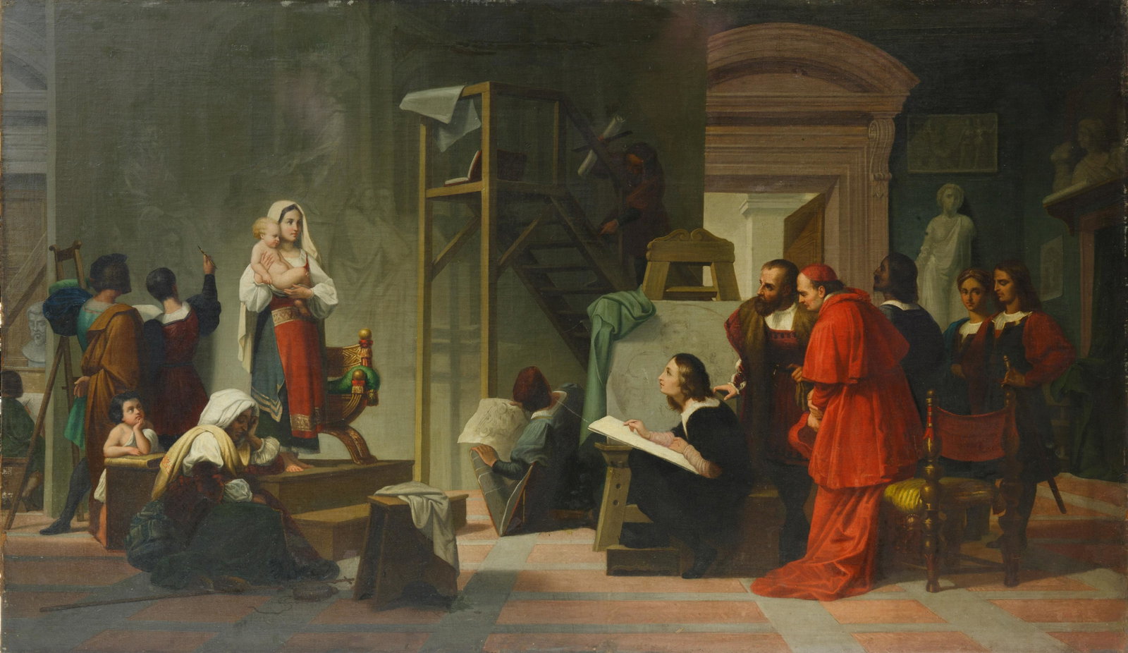 AFTER CHARLES FRANCOIS JALABERT (FRENCH 1819-1901): Raphael in His Studio, The Madonna of the Chair oil on canvas laid on masonite 79 x 133 cm (31 1/8 x 52 3/8 in.) framed dimensions: 108.5 x 160 cm (42 3/4 x 63 in.) CONDITION Observed out of frame, th