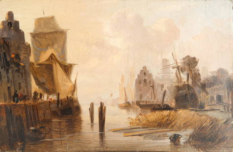 CIRCLE OF RICHARD PARKES BONINGTON (BRITISH 1802-1828): Boats on a Canal oil on canvas 18 x 27.5 cm (7 1/8 x 10 7/8 in.) unframed CONDITION The painting is in fair age-appropriate condition. Overall craquelure. The canvas was previously trimmed and re-line