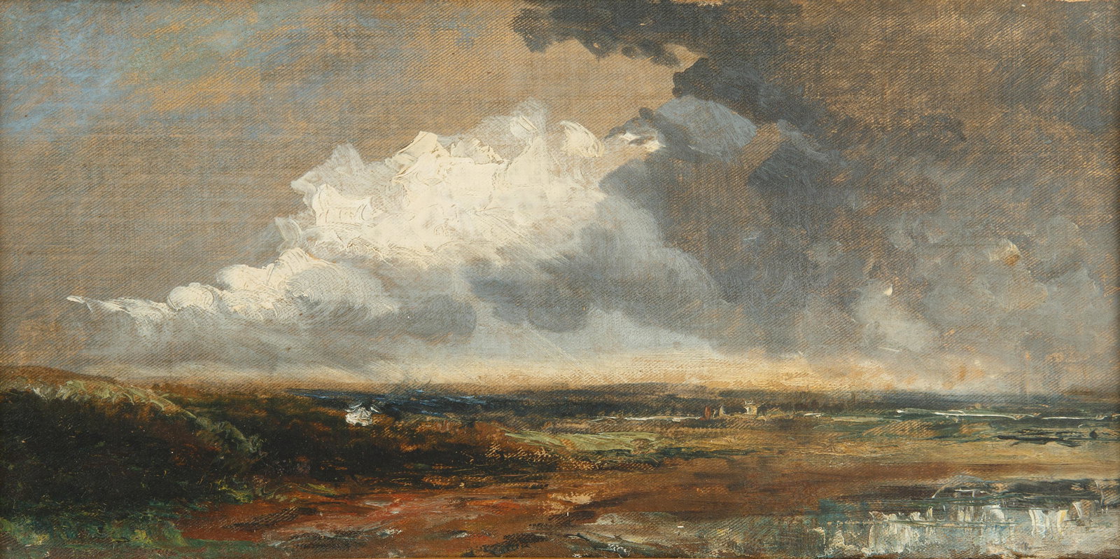 CIRCLE OF JOHN CONSTABLE (BRITISH 1776-1837): Near the Estuary of the Stour oil on canvas board 22.5 x 44 cm (8 7/8 x 17 3/8 in.) framed dimensions: 40 x 62 cm (15 3/4 x 24 3/8 in.) CONDITION Observed in frame, the painting is in good condition.