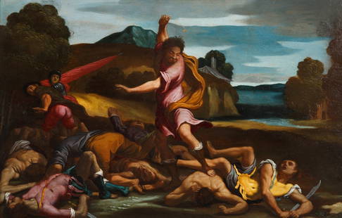 CIRCLE OF AGOSTINO CARRACCI (ITALIAN 1557-1602): Samson and The Philistines oil on panel 41.5 x 64 cm (16 3/8 x 25 1/4 in.) framed dimensions: 55 x 77 cm (21 5/8 x 30 1/4 in.) CONDITION Observed in frame the painting is in good age-appropriate condi