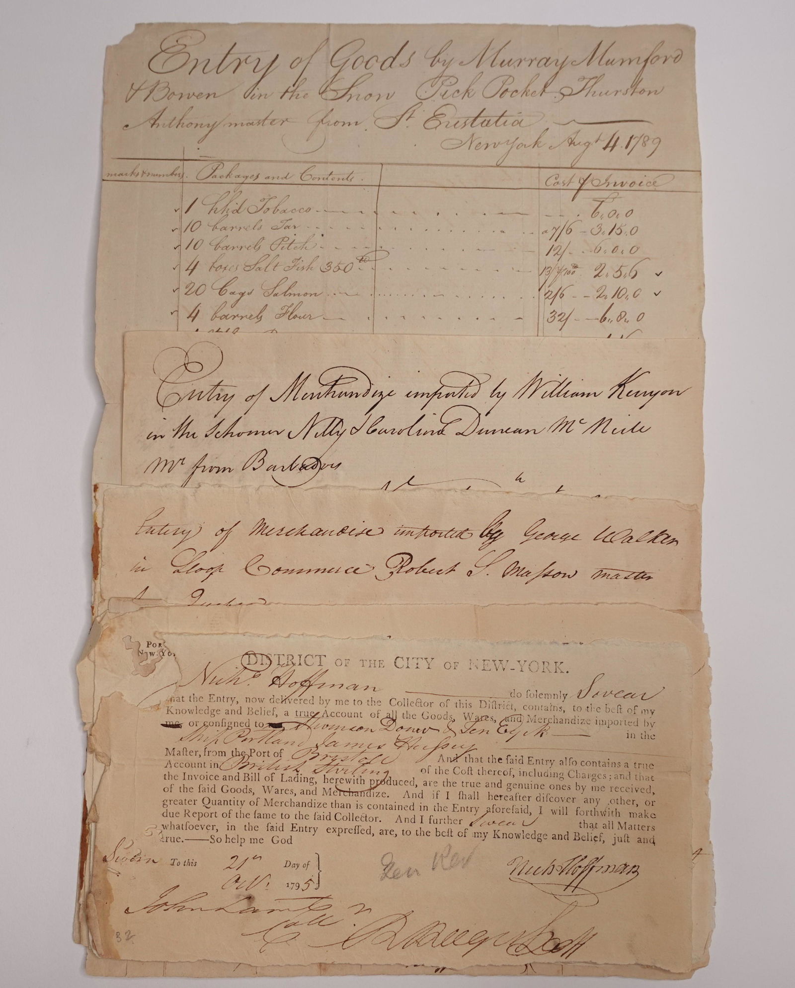 [JOHN LAMB] A GROUP OF PRINTED AND SIGNED PORT, MERCHANT AND RECEIPTS SIGNED (1 of 3)