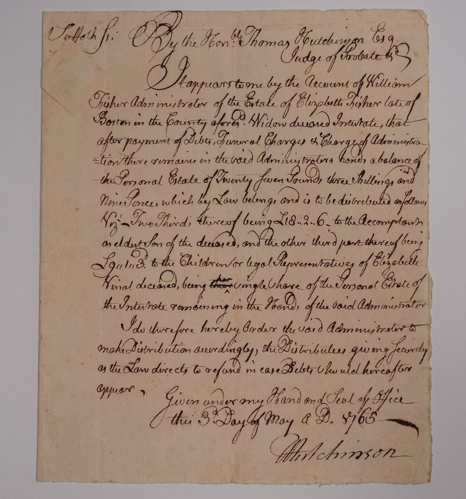 A SIGNED FUNERAL LETTER BY FORMER GOVERNOR OF PROVINCE OF MASSACHUSETTS BAY, THOMAS HUTCHINSON (1 of 2)
