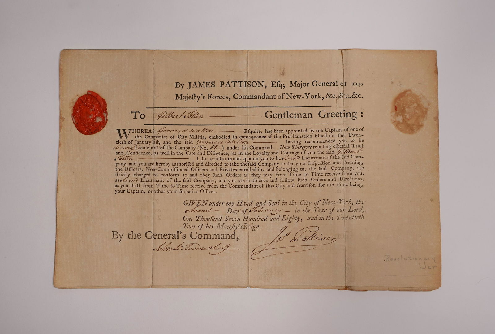 A SIGNED COMMANDANT OF NEW-YORK, GENERAL'S COMMAND ARGUMENT BY BRITISH ARMY OFFICER AND MILITARY (1 of 2)