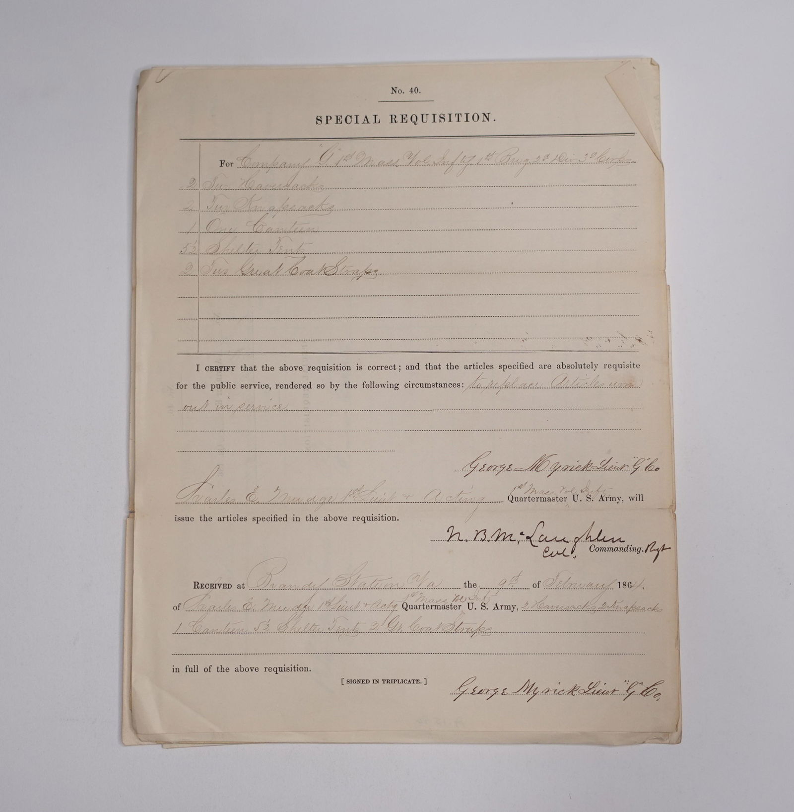 A COLLECTION OF QUARTERMASTER'S STORES, MERCHANT RECEIPTS AND INVOICES FROM THE CIVIL WAR (1 of 3)