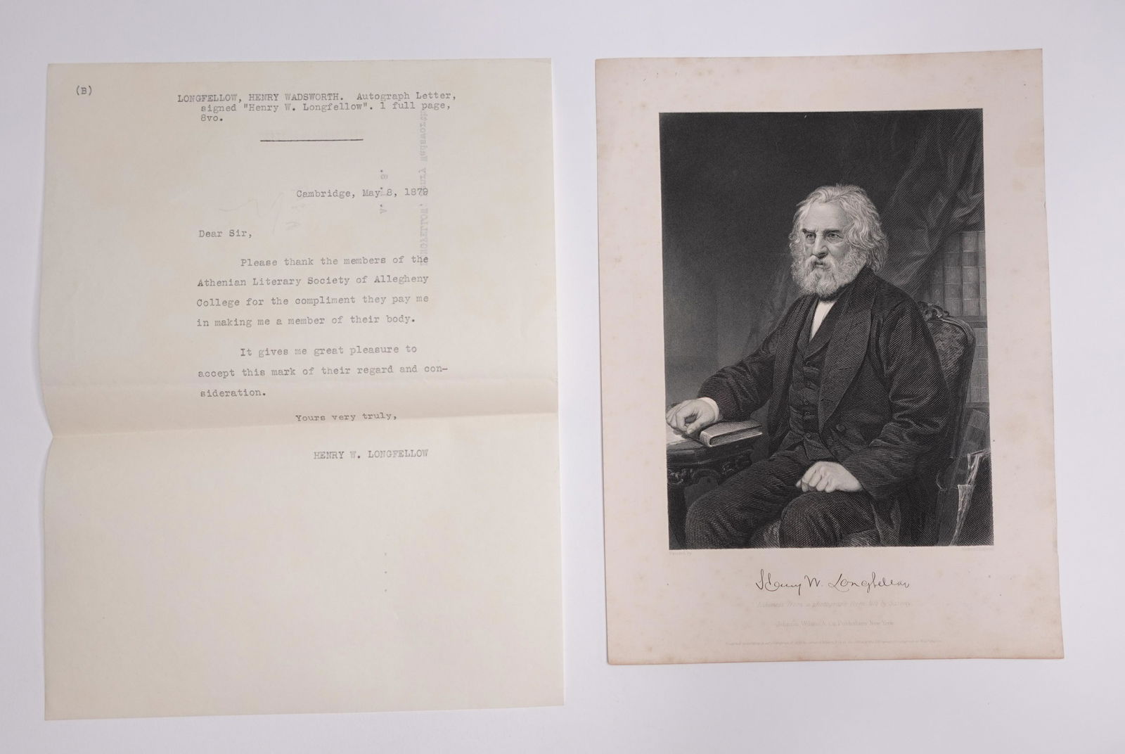 TWO CUT SIGNATURES, TWO LETTERS AND AN ENGRAVING OF AMERICAN POET HENRY WADSWORTH LONGFELLOW (1 of 2)
