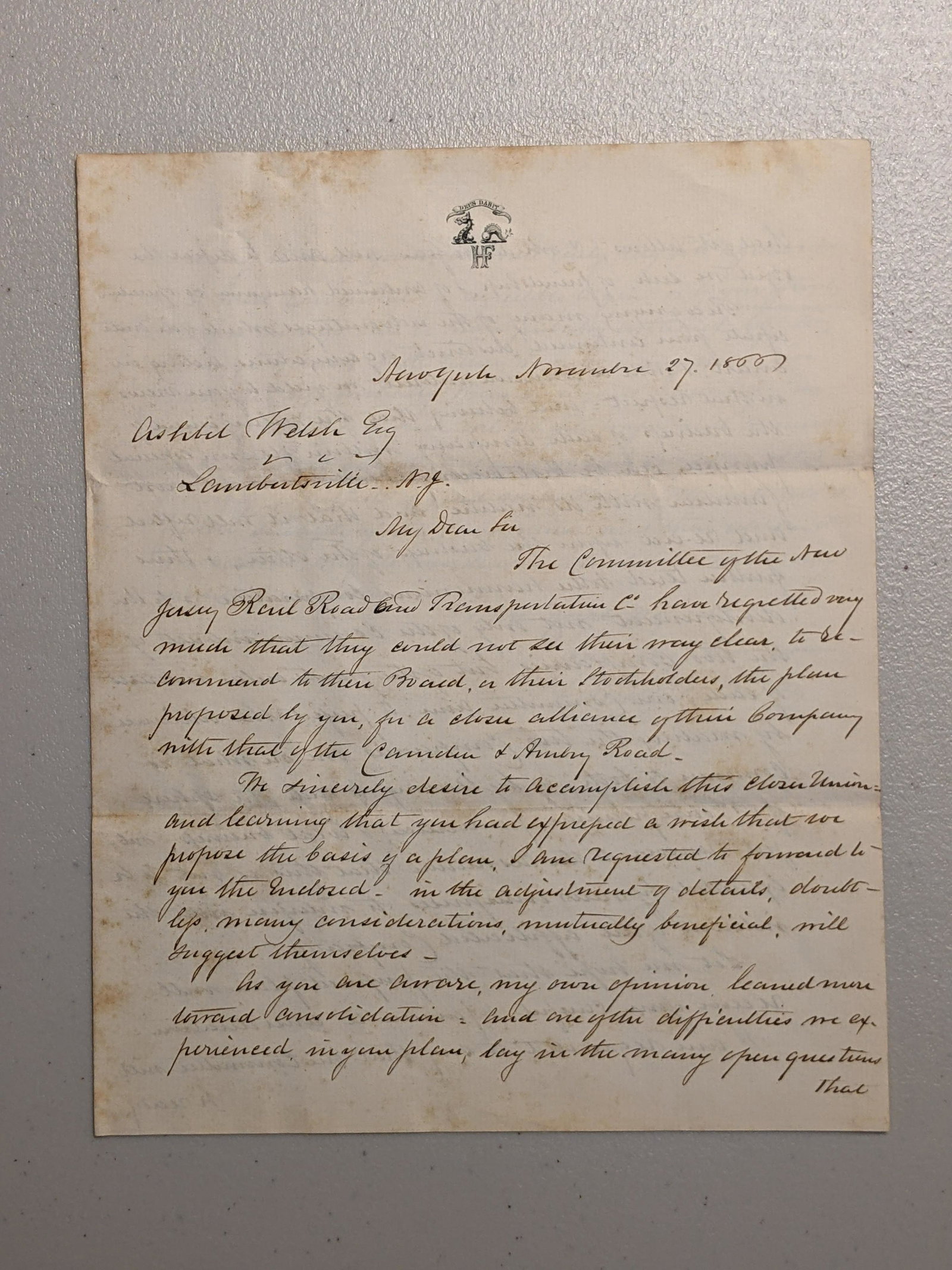 A SIGNED LETTER BY FORMER UNITED STATES SENATOR AND 16TH GOVERNOR OF NEW YORK, HAMILTON FISH: 1 page, double-sided, loose; 25 x 40 cm (9 7/8 x 15 3/4 in.) [open], 25 x 20 cm (9 7/8 x 7 7/8 in.) [closed]