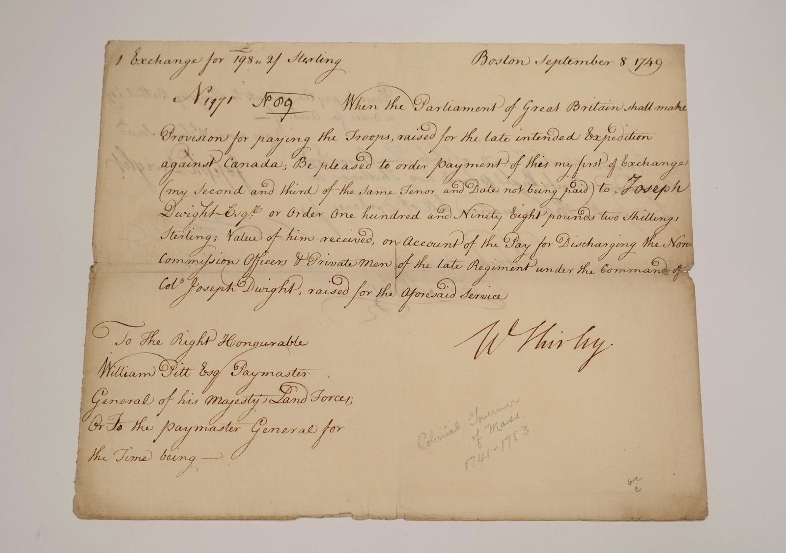 A SIGNED LETTER TO THE HONOURABLE WILLIAM PITT FROM BRITISH ARMY OFFICER AND 8TH AN 9TH GOVERNOR OF (1 of 2)