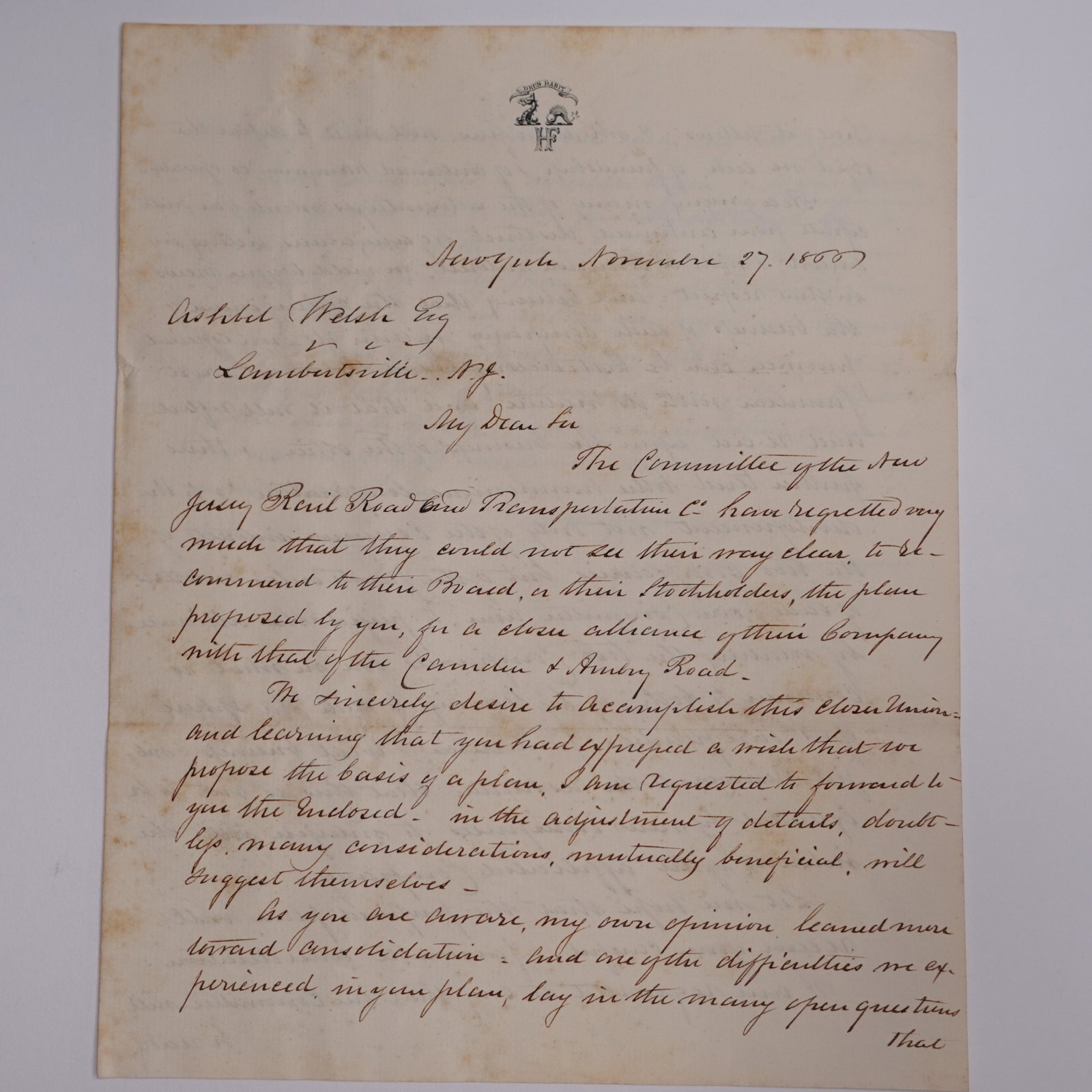 A SIGNED LETTER BY FORMER UNITED STATES SENATOR, STEPHEN A. DOUGLAS: 1 page, loose; 12 x 10 cm (4 3/4 x 4 in.)